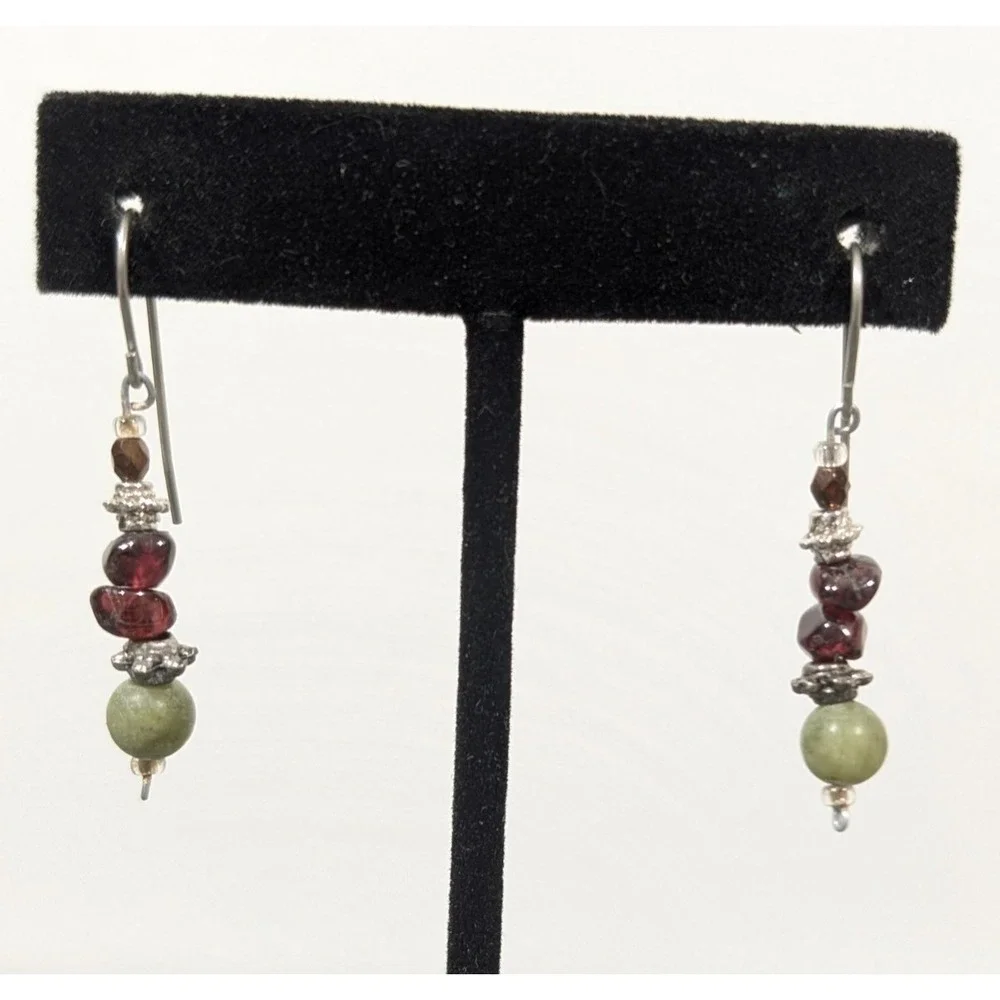 Green Aventurine Garnet Bead Dangle Earrings‎ Boho Gemstone Drop